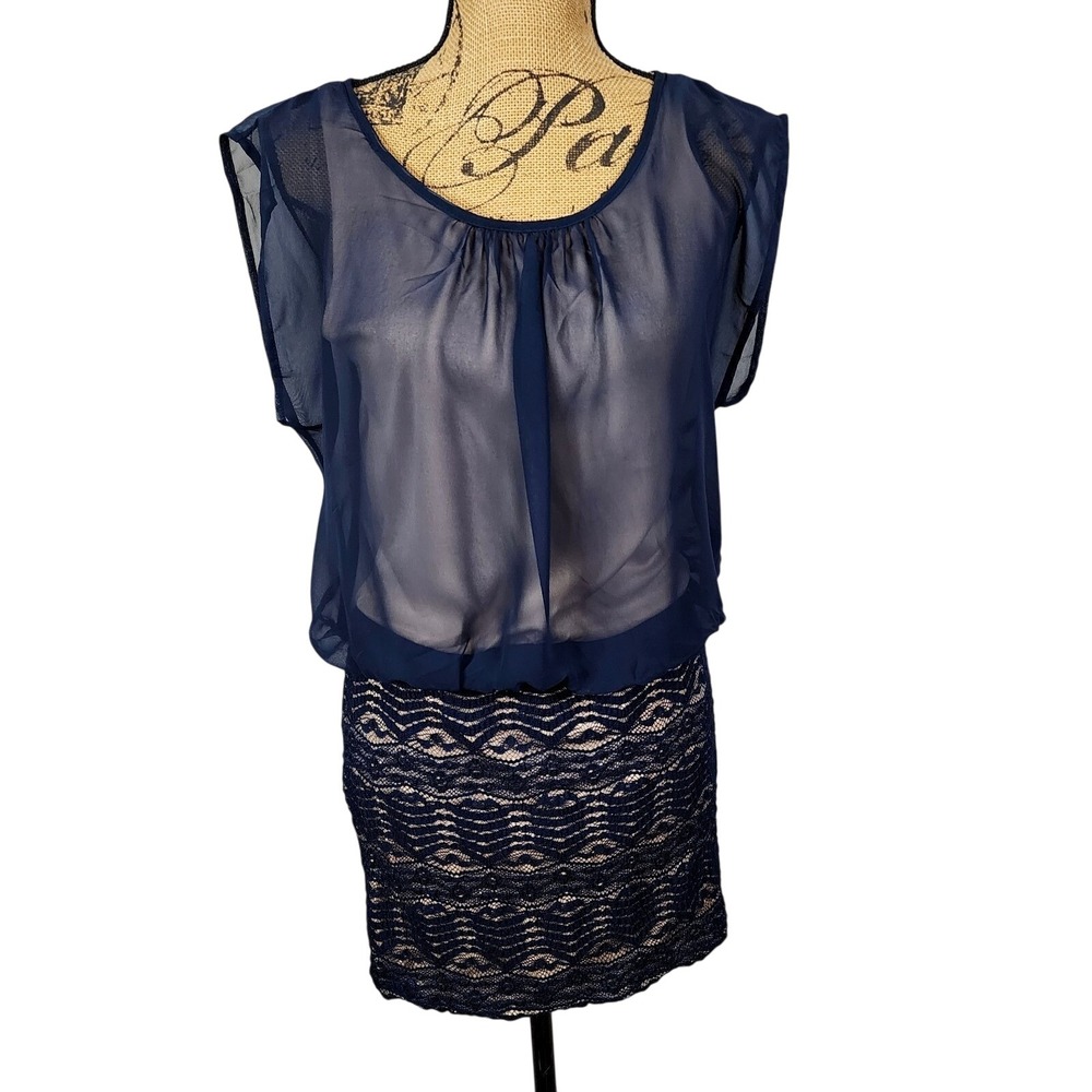 LOVE REIGN Size Medium Sheer Navy Chiffon Blouson Lace Illusion Cocktail Dress